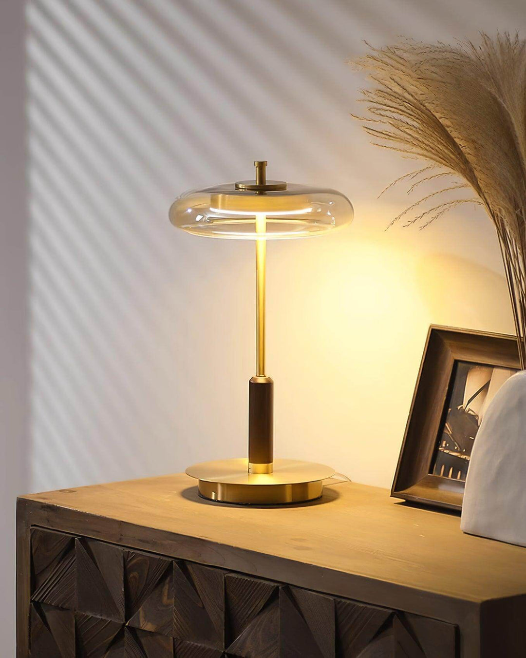 Designer Tischleuchte Modern Glas Holz Metall