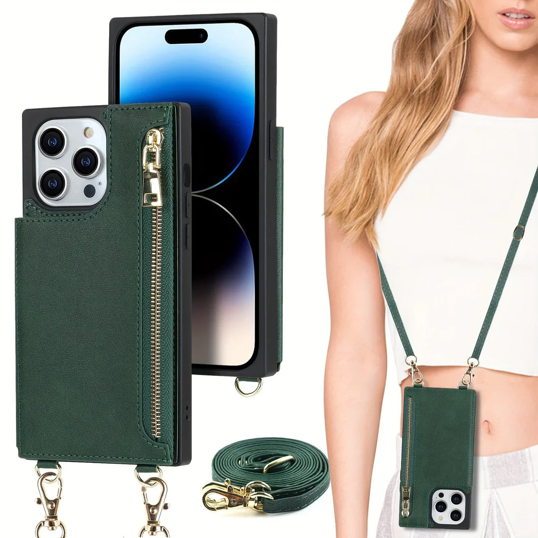 "3in1 Handyhülle mit Kartenfach und Umhängetasche in elegantem Design, ideal für Alltag und Reisen."