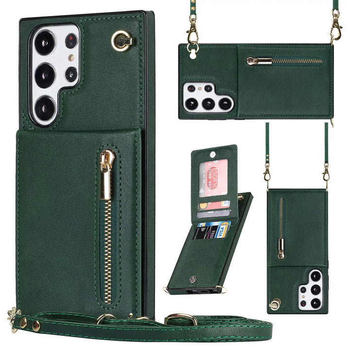 "3in1 Handyhülle mit Kartenfach und Umhängetasche in elegantem Design, ideal für Alltag und Reisen."
