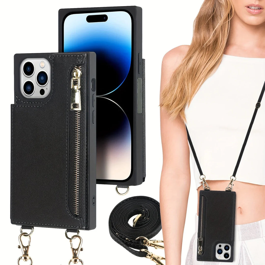 "3in1 Handyhülle mit Kartenfach und Umhängetasche in elegantem Design, ideal für Alltag und Reisen."
