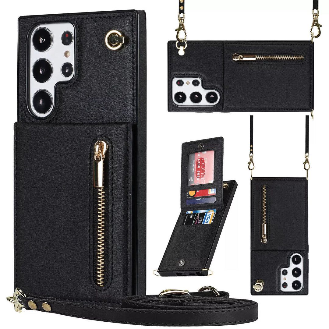 "3in1 Handyhülle mit Kartenfach und Umhängetasche in elegantem Design, ideal für Alltag und Reisen."