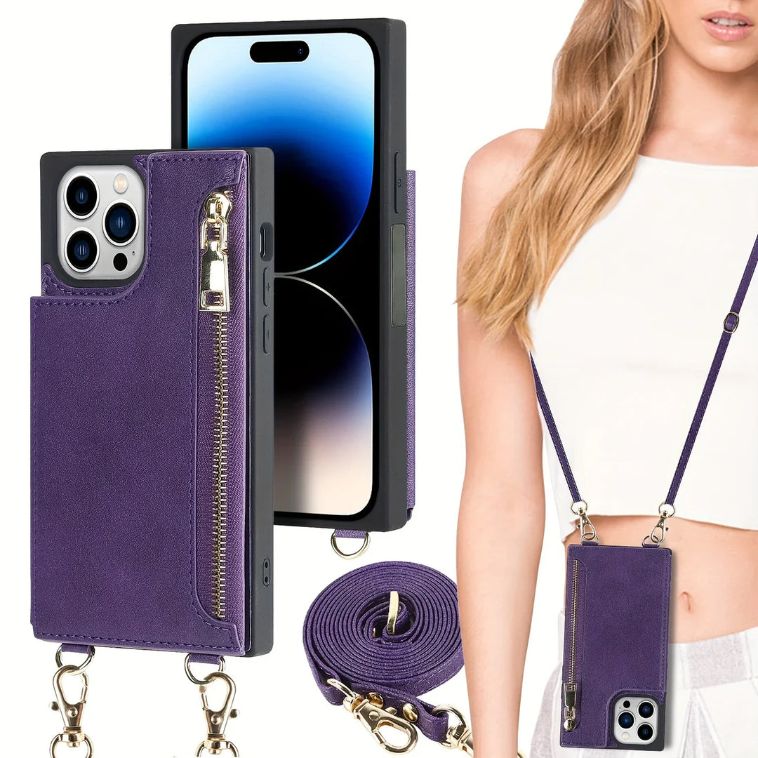 "3in1 Handyhülle mit Kartenfach und Umhängetasche in elegantem Design, ideal für Alltag und Reisen."