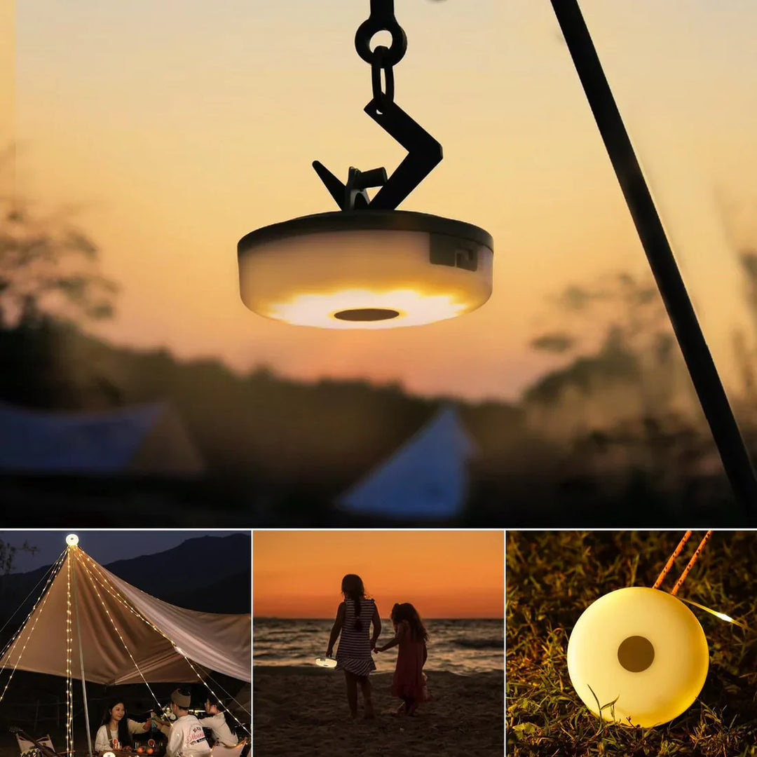 "4-in-1 Camplight, wasserdicht, multifunktional, schwarz-gold, ideal für Camping, Nachtbeleuchtung, Powerbank integriert"