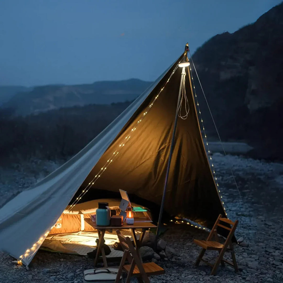 "4-in-1 Camplight, wasserdicht, multifunktional, schwarz-gold, ideal für Camping, Nachtbeleuchtung, Powerbank integriert"