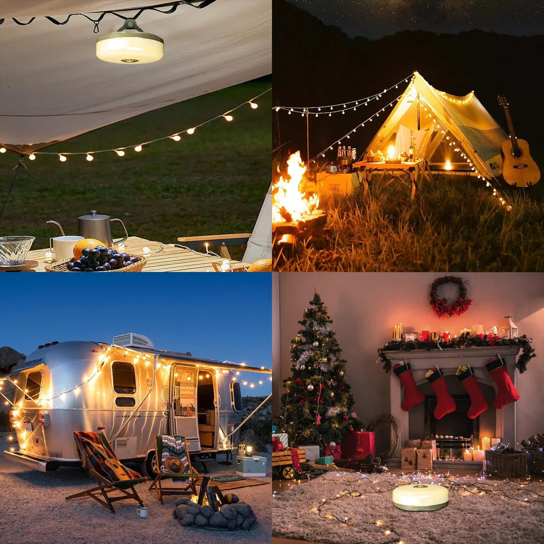 "4-in-1 Camplight, wasserdicht, multifunktional, schwarz-gold, ideal für Camping, Nachtbeleuchtung, Powerbank integriert"