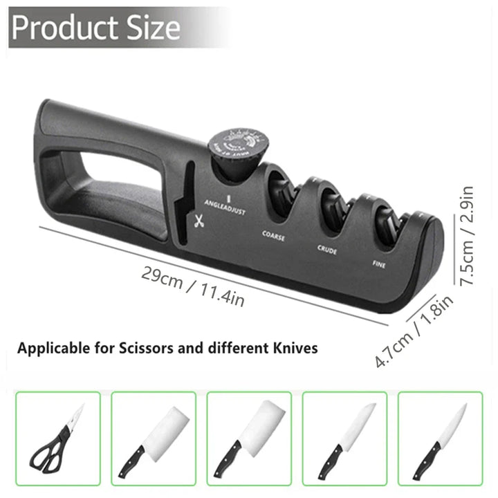 "4-in-1 Messerschärfer mit verstellbarem Schleifwinkel und ergonomischem Griff, geeignet für Messer und Scheren."