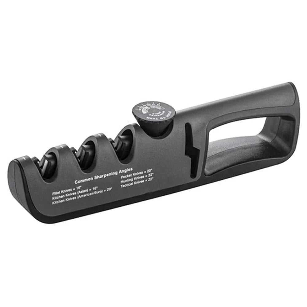 "4-in-1 Messerschärfer mit verstellbarem Schleifwinkel und ergonomischem Griff, geeignet für Messer und Scheren."
