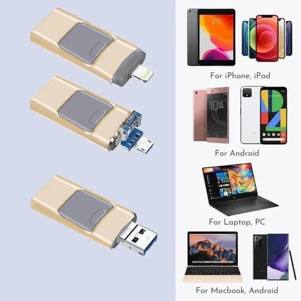 4-in-1 USB-Flash-Laufwerk, multifunktional, hochgeschwindigkeit, robuster silberner Körper, universelle Kompatibilität.