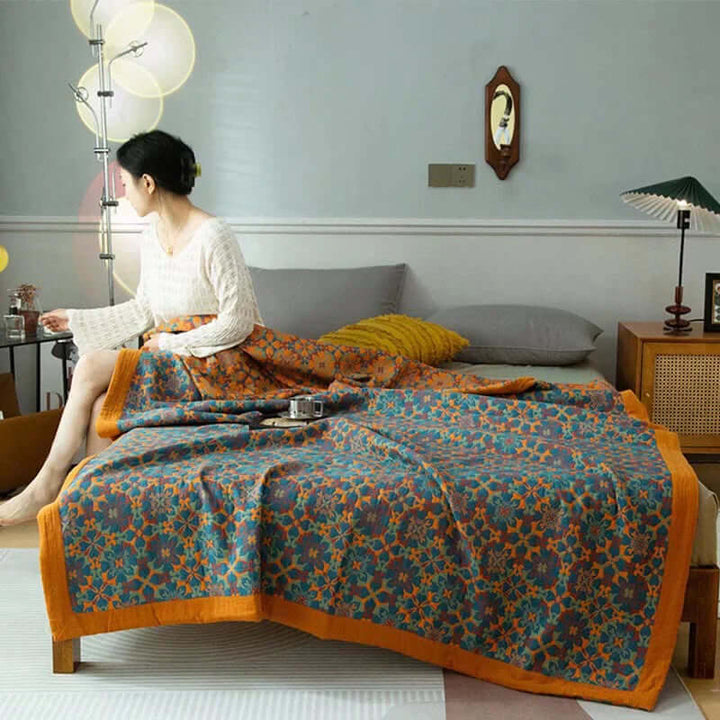 Couverture en coton 6 couches de haute qualité, orange-bleu