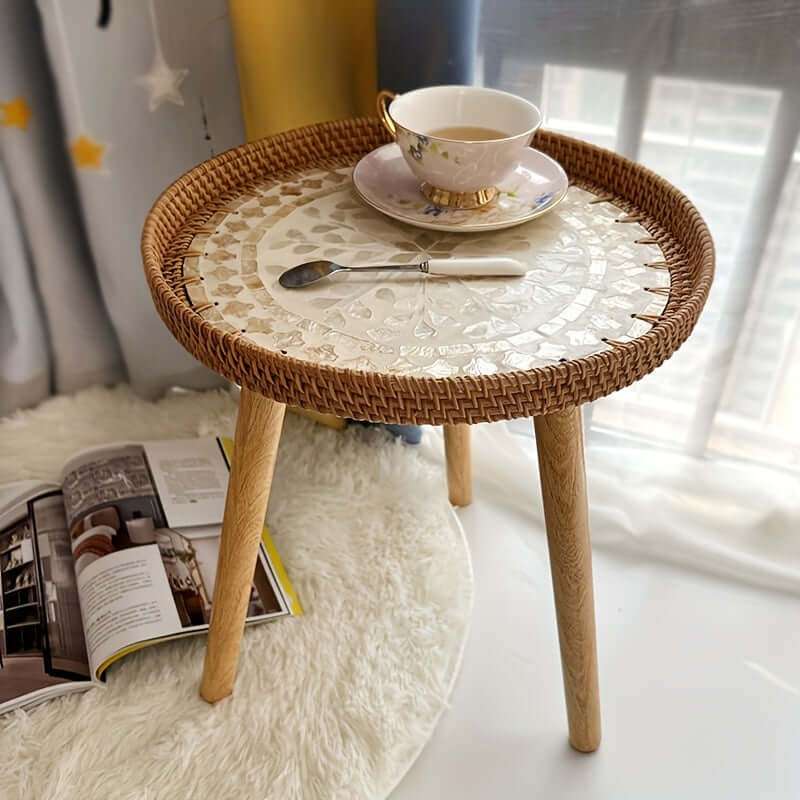 Table d'appoint ronde en rotin - bois naturel