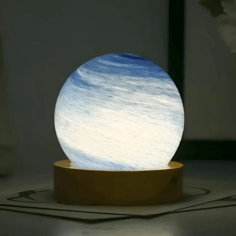 Mini lampe planète 3D avec base en bois