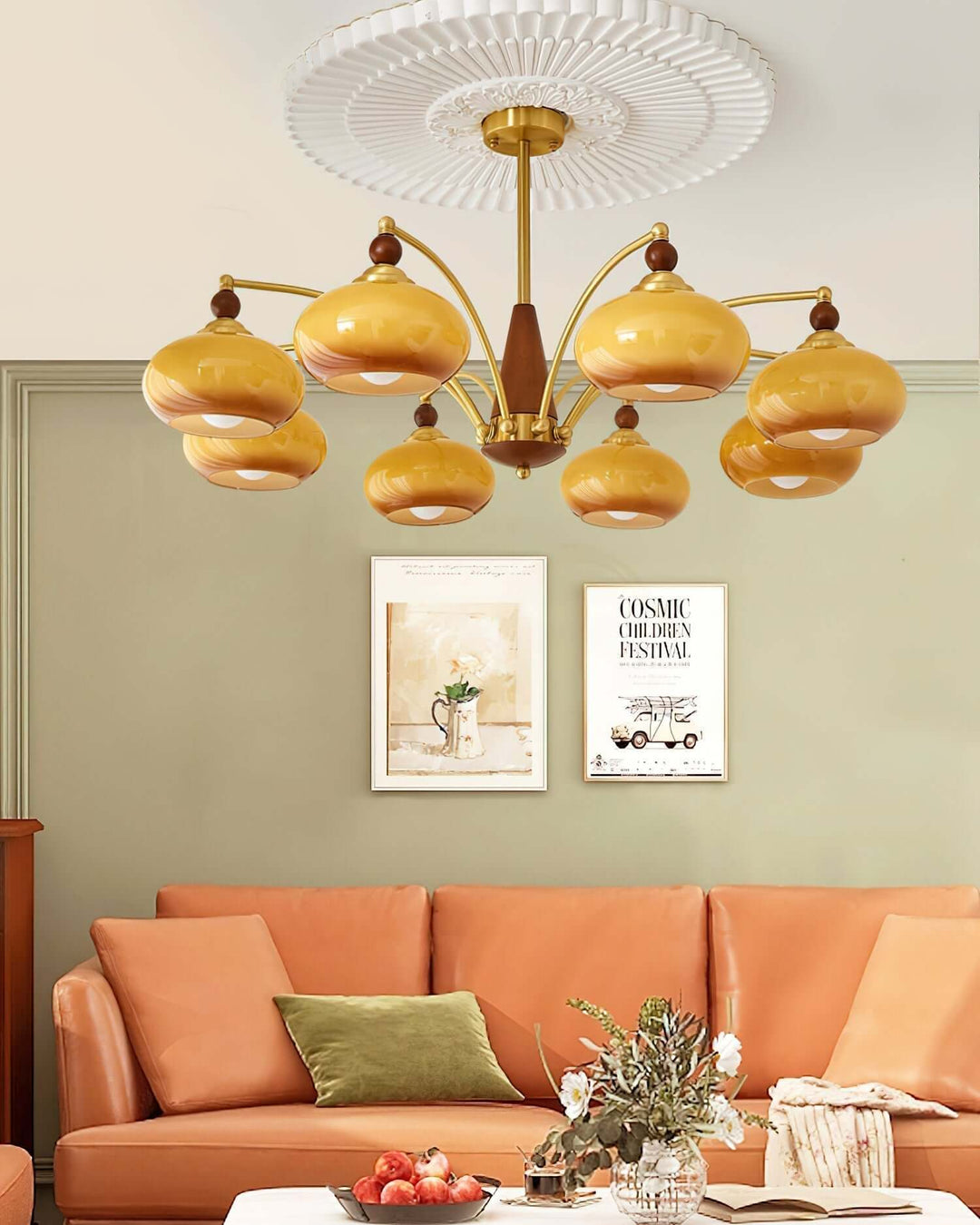 Lustre rétro en bois et laiton