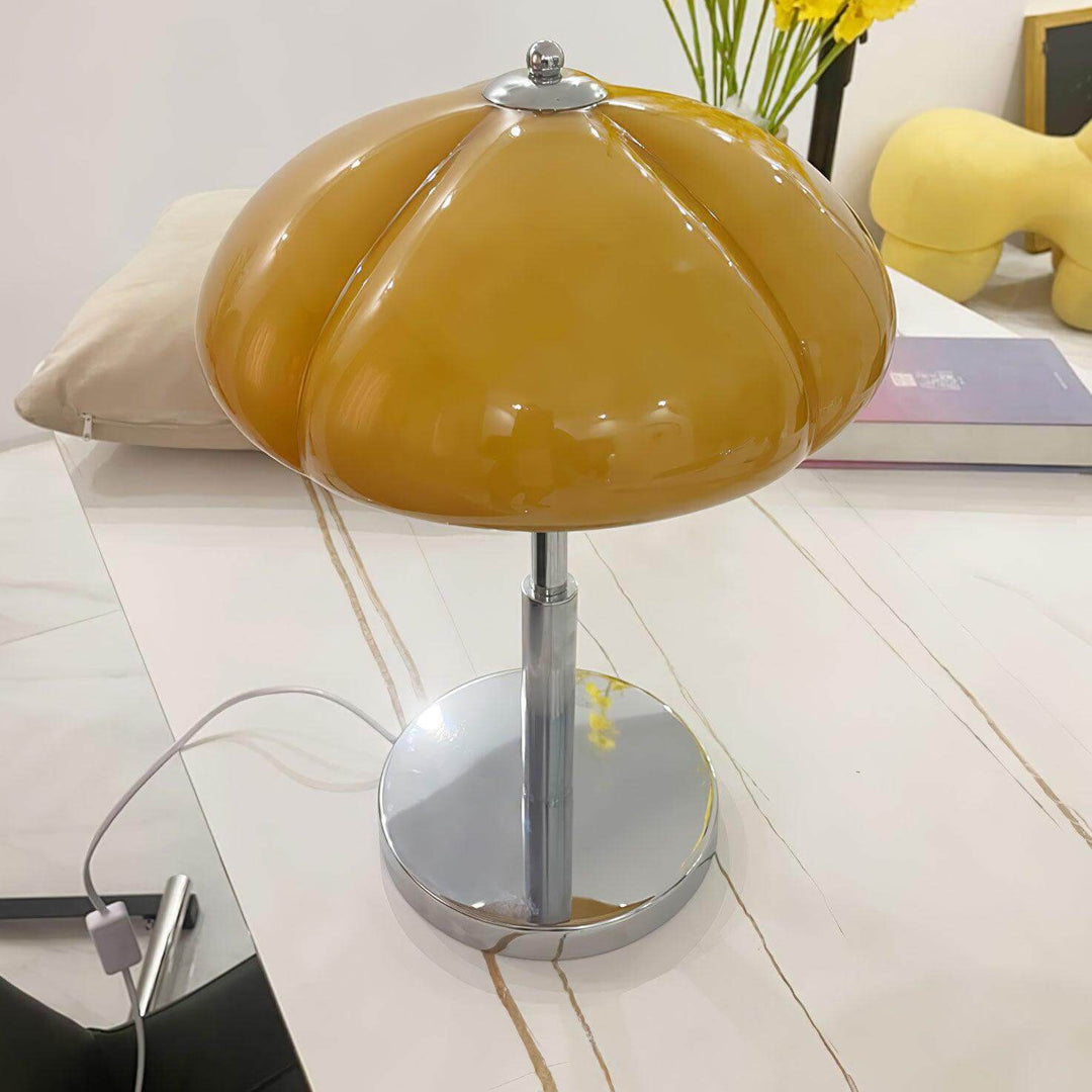 Pilz Design Tischlampe Glas Bernstein