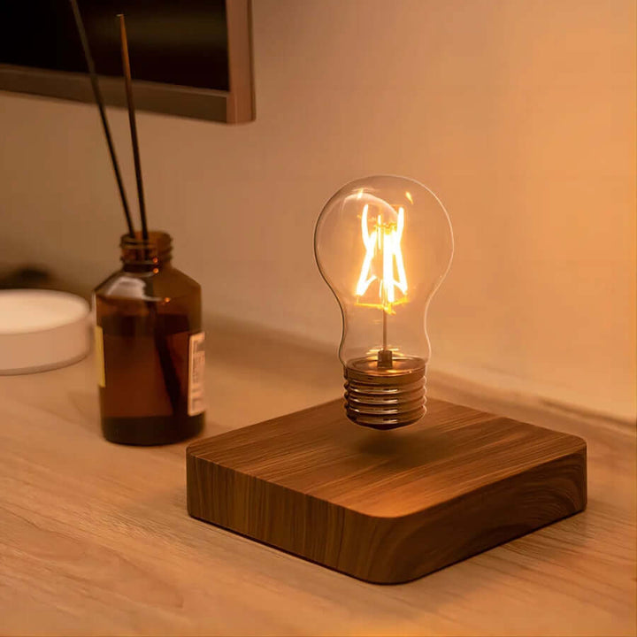 Lampe de table LED flottante avec base en noyer