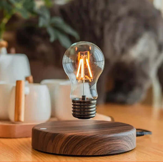 Lampe LED flottante avec base en noyer