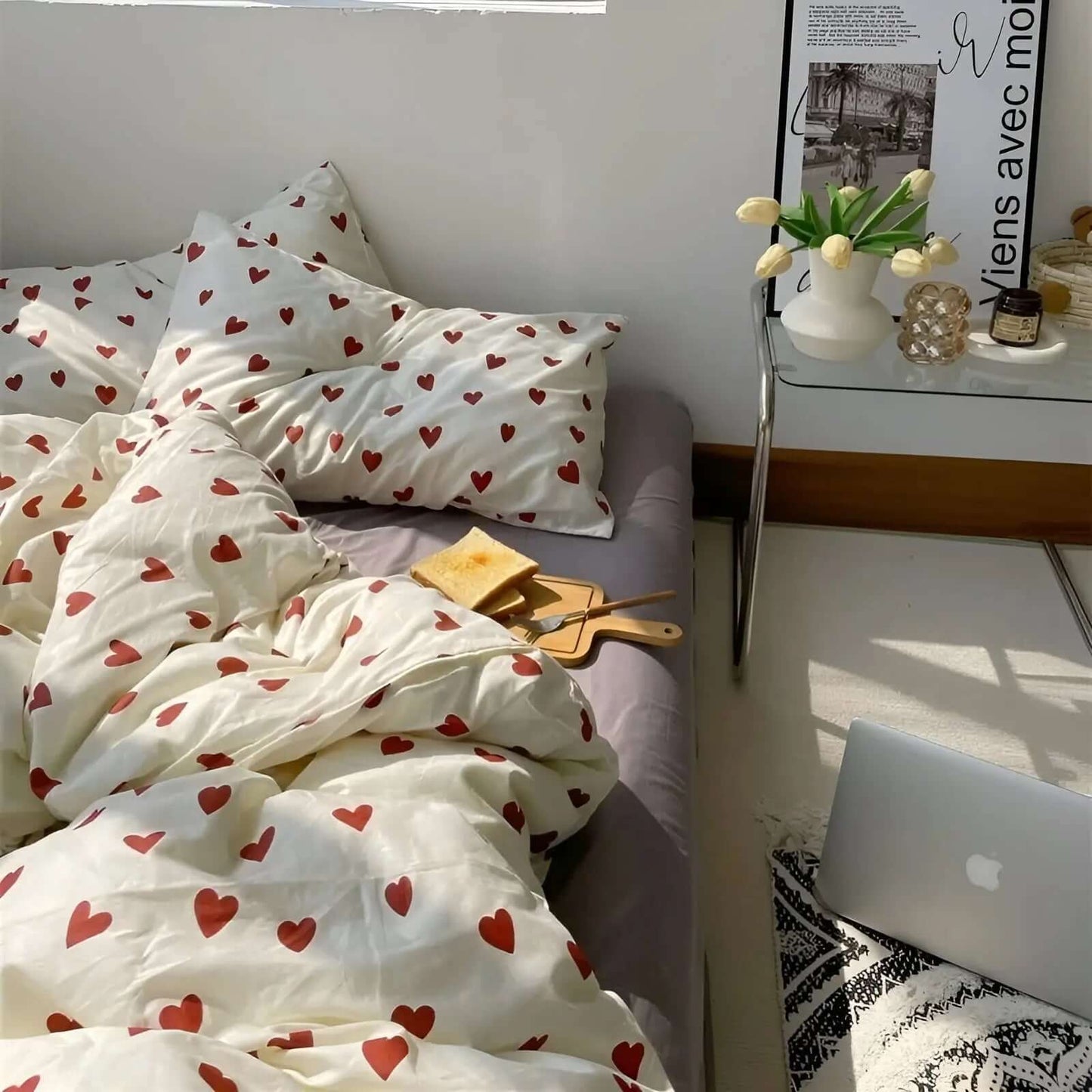 Parure de lit en coton motif cœur, blanc