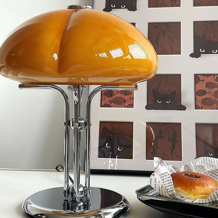 Pilz Design Tischlampe Glas Bernstein