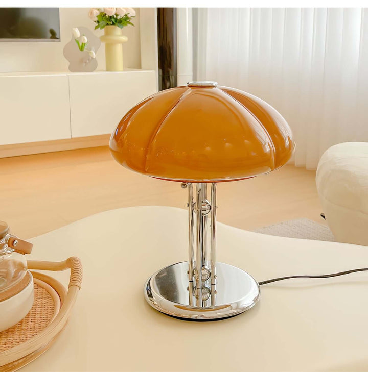 Pilz Design Tischlampe Glas Bernstein