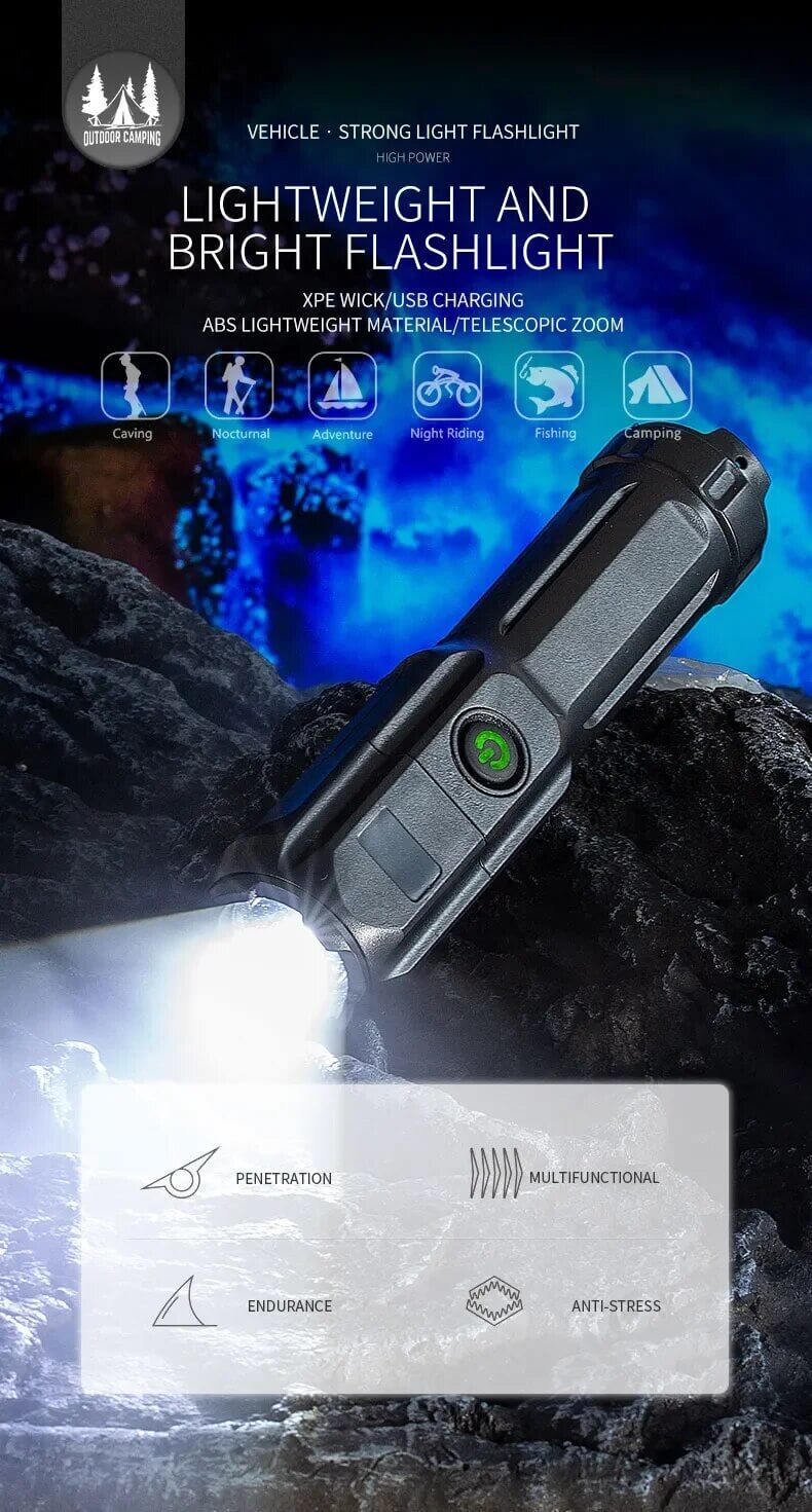 Leistungsstarke LED Taschenlampe, Zoom, USB