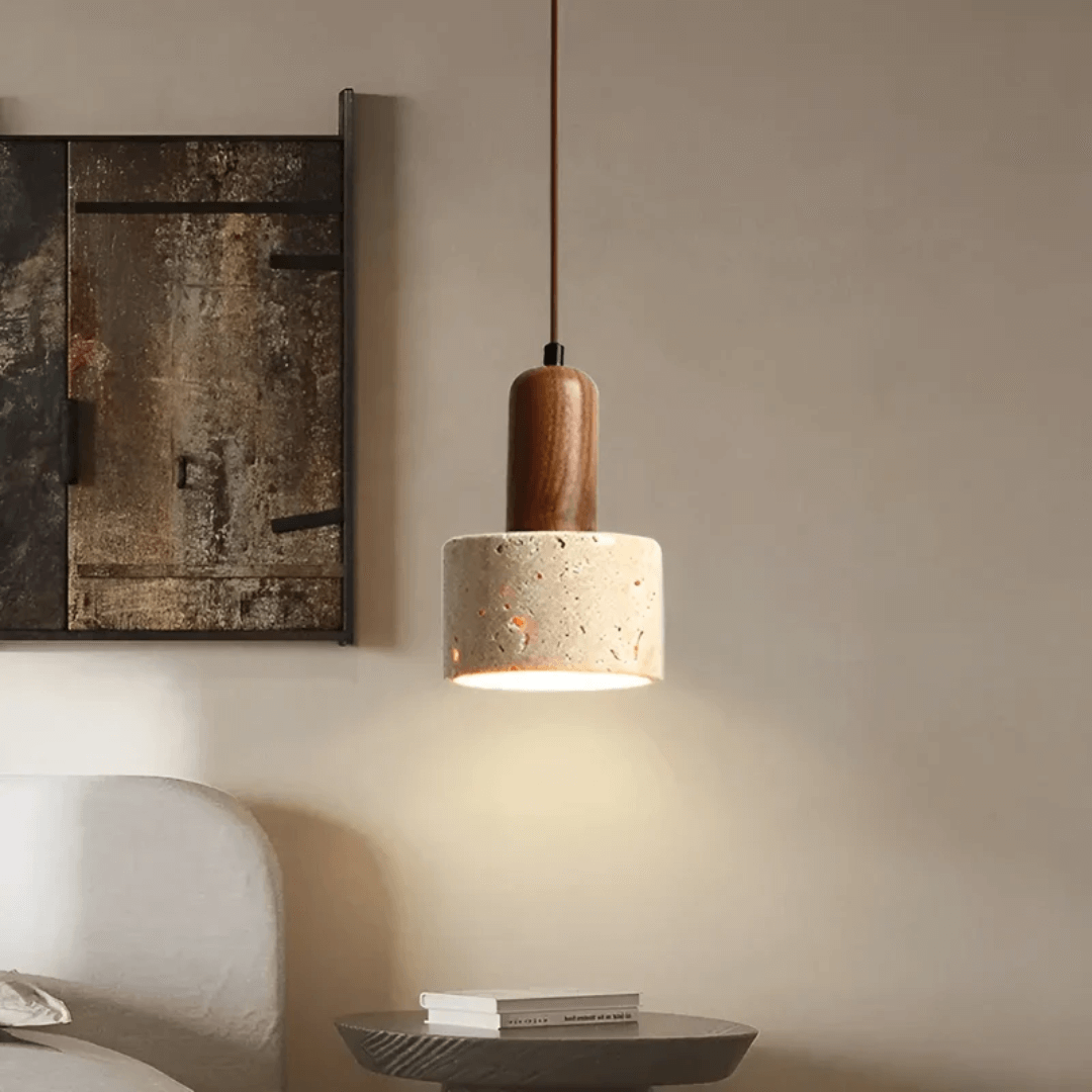 Wabi-Sabi Deckenleuchte Travertin & Holz