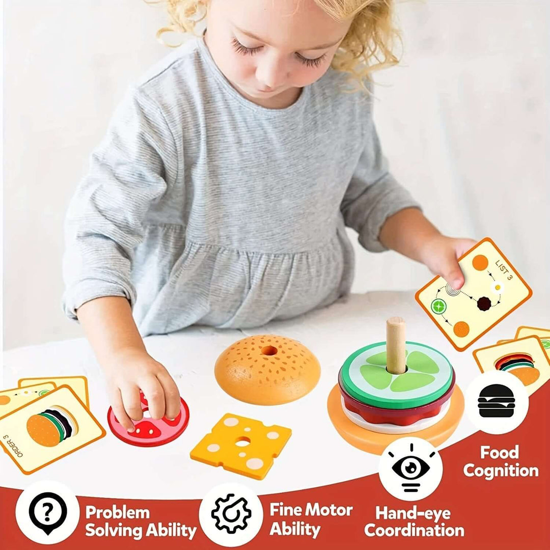 Jeu d'empilage en bois Montessori Burger - motricité fine et créativité