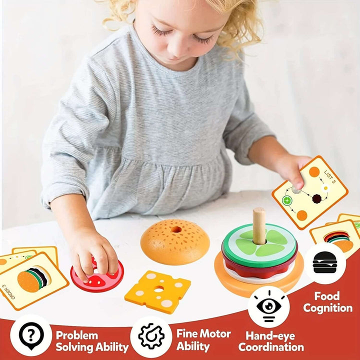 Jeu d'empilage en bois Montessori Burger - motricité fine et créativité