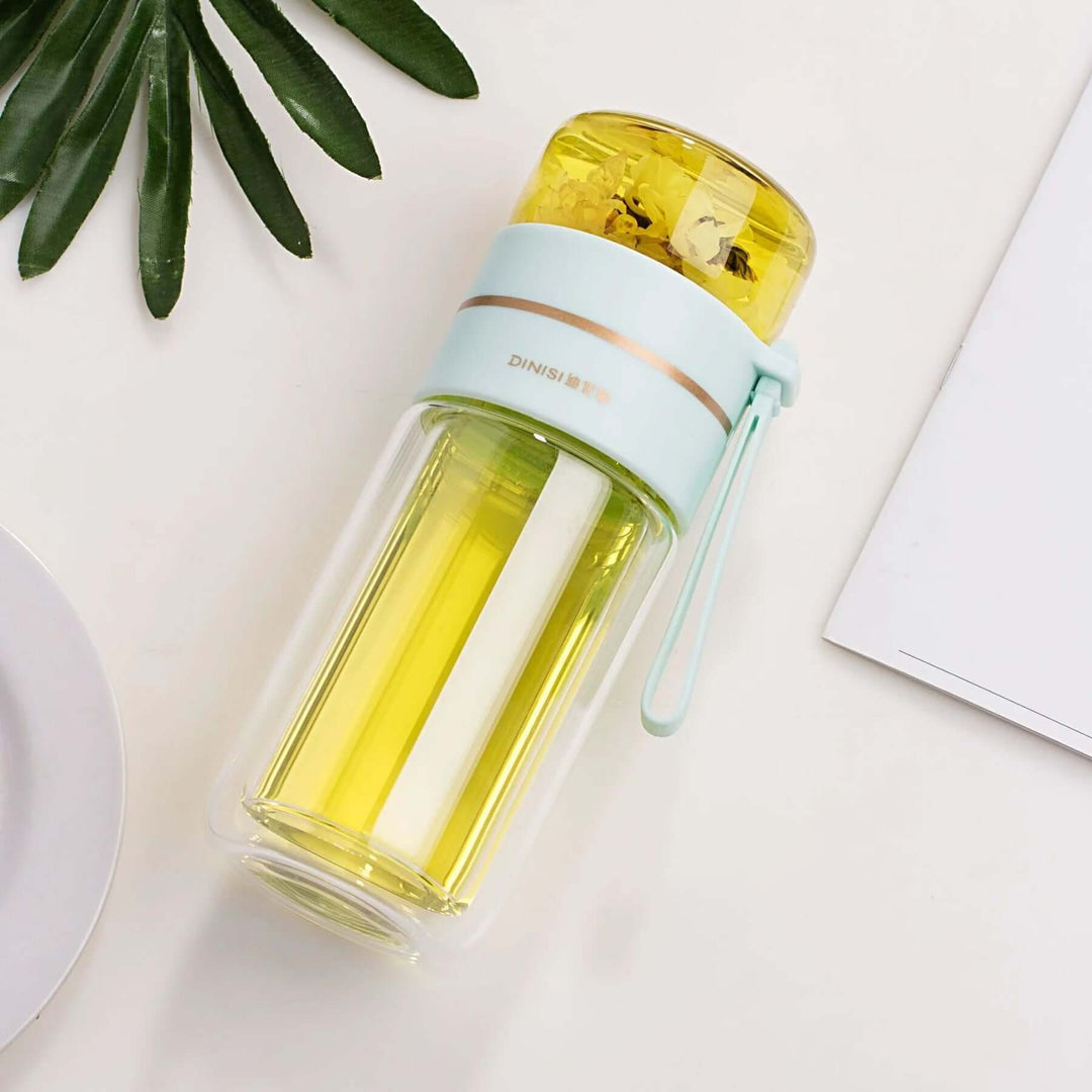 Bouteille à thé en verre à double paroi avec passoire en acier inoxydable