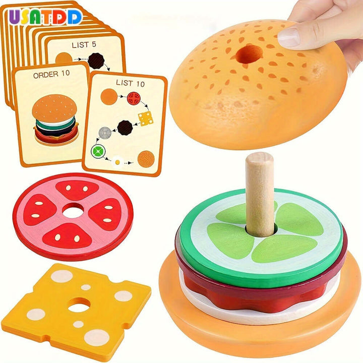 Jeu d'empilage en bois Montessori Burger - motricité fine et créativité