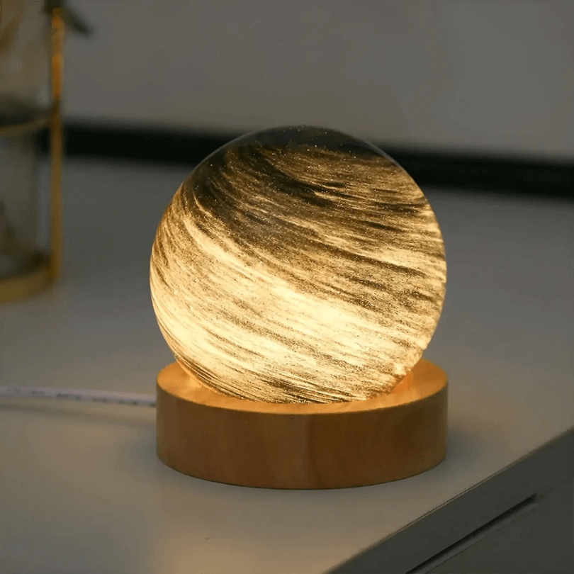 Mini lampe planète 3D avec base en bois