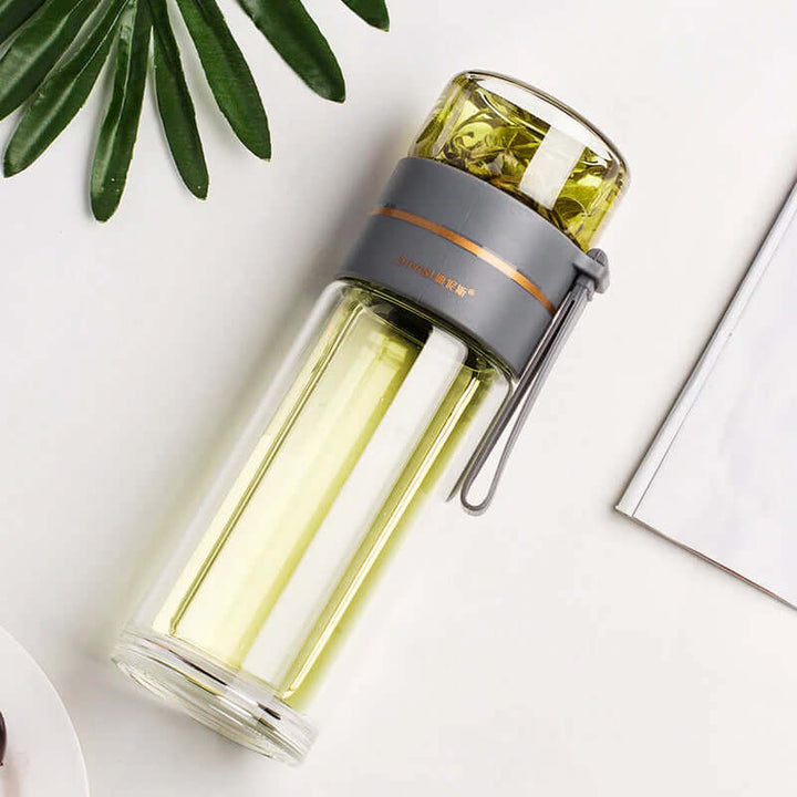 Bouteille à thé en verre à double paroi avec passoire en acier inoxydable