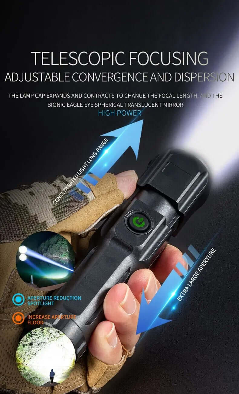 Leistungsstarke LED Taschenlampe, Zoom, USB