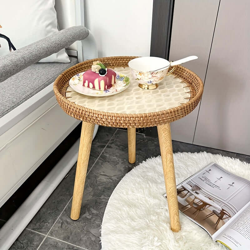Table d'appoint ronde en rotin - bois naturel
