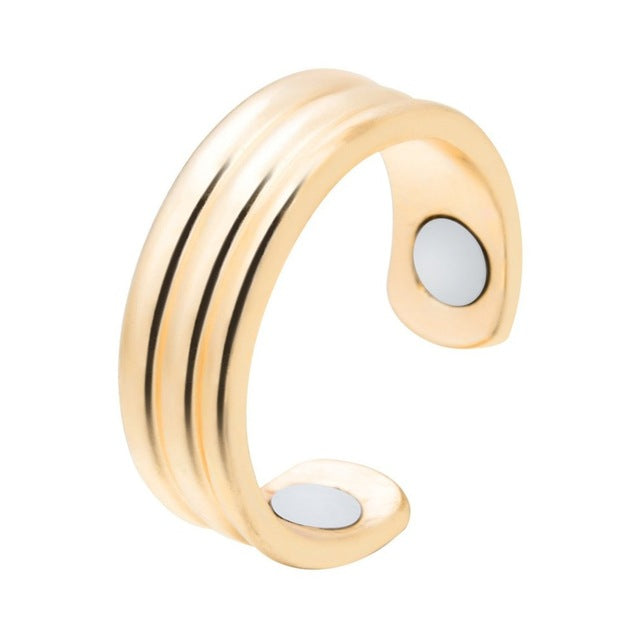 "Anti-Schnarch-Ring mit Magnetischer Therapie aus Edelstahl, offen vorne, in Farben Gold, Schwarz, Roségold, Silber."