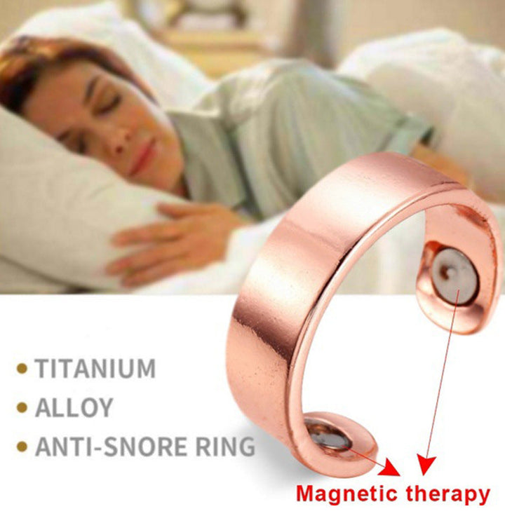 "Anti-Schnarch-Ring mit Magnetischer Therapie aus Edelstahl, offen vorne, in Farben Gold, Schwarz, Roségold, Silber."