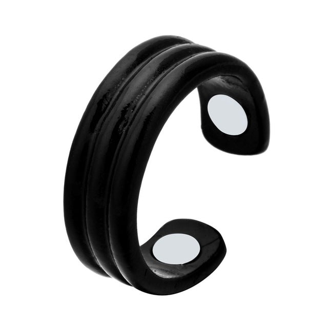 "Anti-Schnarch-Ring mit Magnetischer Therapie aus Edelstahl, offen vorne, in Farben Gold, Schwarz, Roségold, Silber."