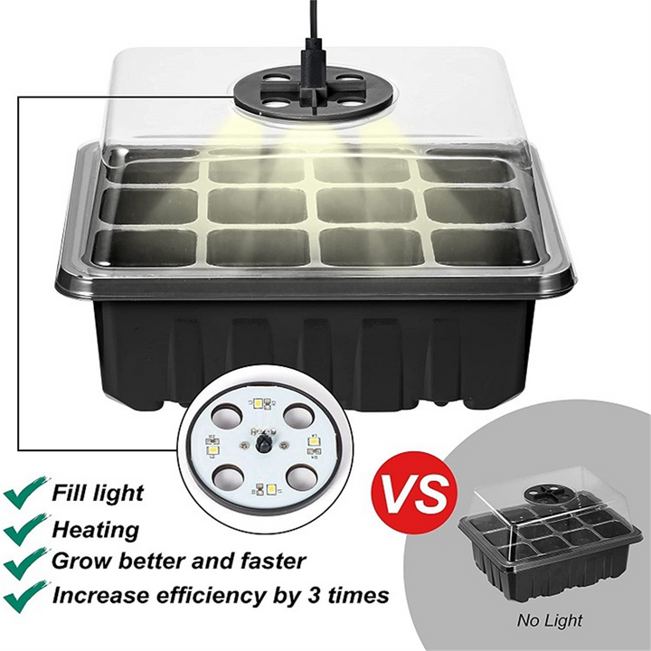 "Anzuchtset mit LED-Licht, ideal für Pflanzenzucht zuhause, zeigt blühende Setzlinge unter heller Beleuchtung."