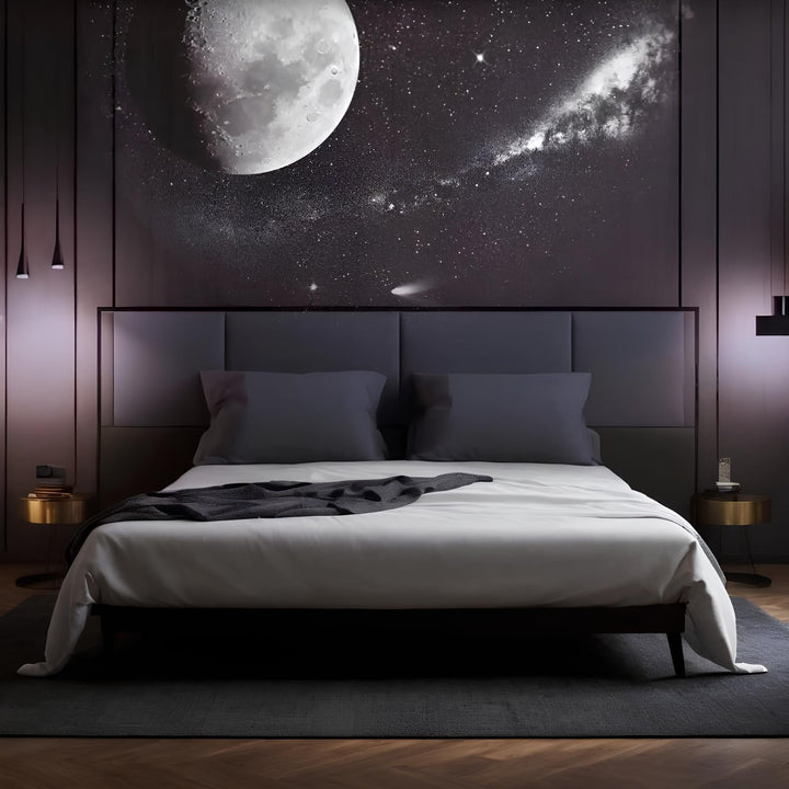 "AstroGlow Projektorlampe projiziert faszinierenden Sternenhimmel, kompakt und USB-betrieben; ideal für beruhigende Abende."