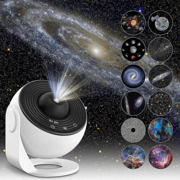 "AstroGlow Projektorlampe projiziert faszinierenden Sternenhimmel, kompakt und USB-betrieben; ideal für beruhigende Abende."