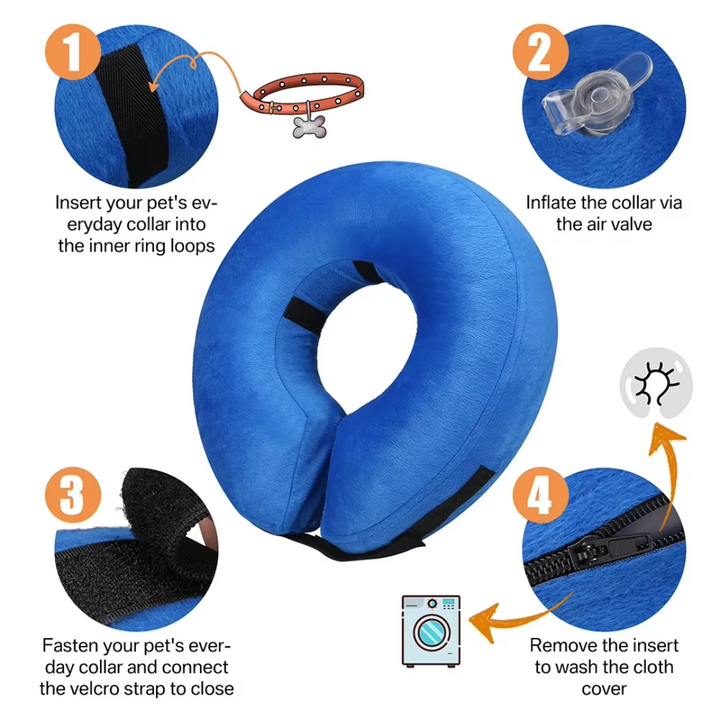 Aufblasbarer, blauer Hundekragen in Donut-Form für maximalem Komfort und Schutz nach Operationen.