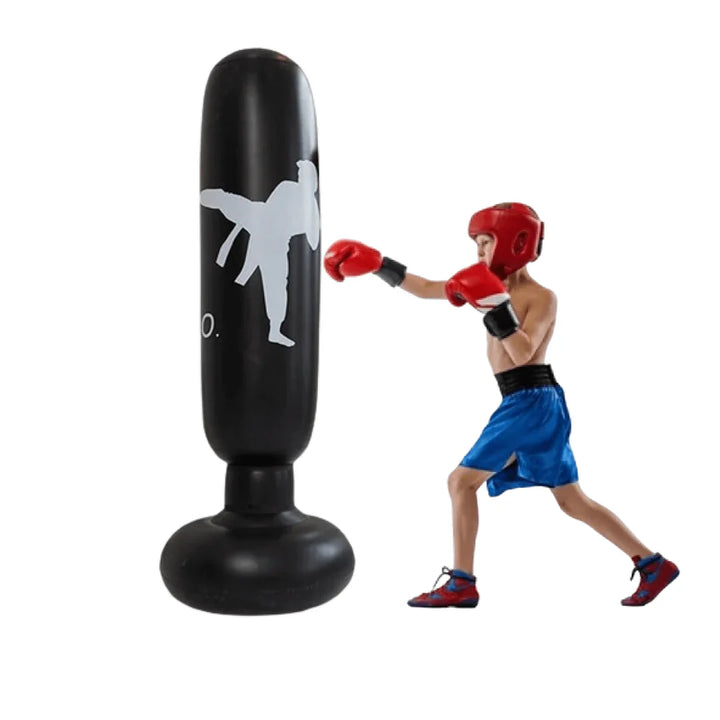 "Aufblasbarer PowerStrike Boxsack aus robustem PVC, freistehend, ideal zum Fitness- und Stressabbau daheim."
