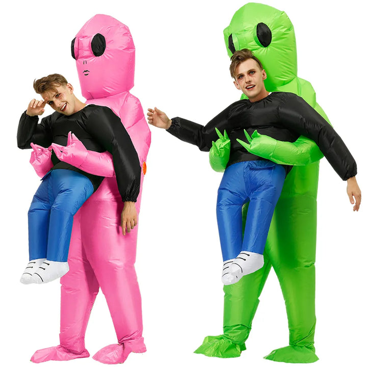 Aufblasbares grünes Alienkostüm für Kinder und Erwachsene, humorvolles Design für Partys, leicht und schnell aufblasbar.