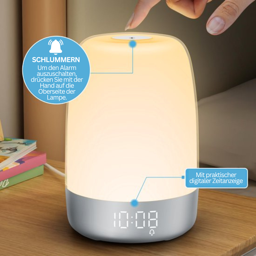 Aurora Wake-up-Light mit simuliertem Sonnenaufgang, LED-Display und Naturklängen für entspannte Morgenroutine.