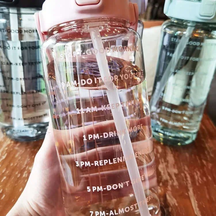 2L Trinkflasche mit Strohhalm & Zeitmarkierung