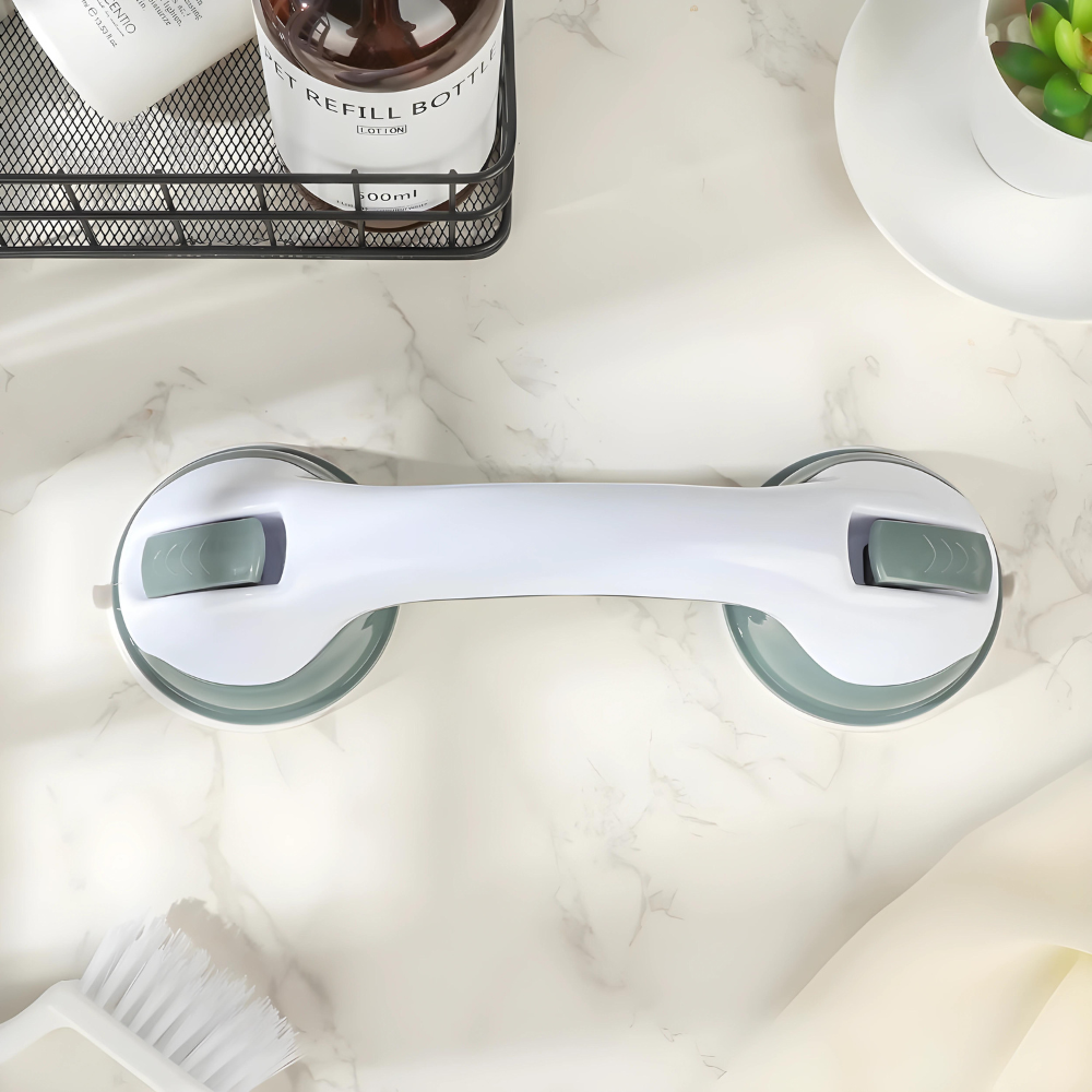 "Badezimmer Sicherheitsgriff mit rutschfester Oberfläche und Saugnäpfen für sicheren Halt im Bad, ideal für Senioren."