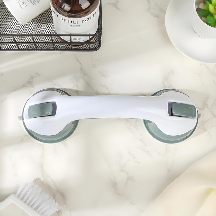 "Badezimmer Sicherheitsgriff mit rutschfester Oberfläche und Saugnäpfen für sicheren Halt im Bad, ideal für Senioren."