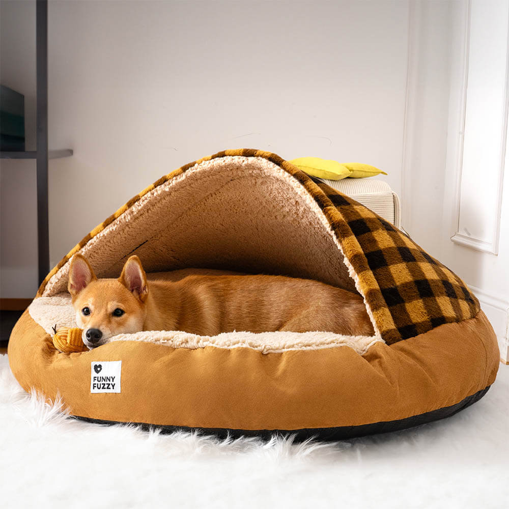 "Baldachin Hundebett mit ultraweichem Plüsch, blau-rosa kariert, luxuriös und sicher für Haustiere"