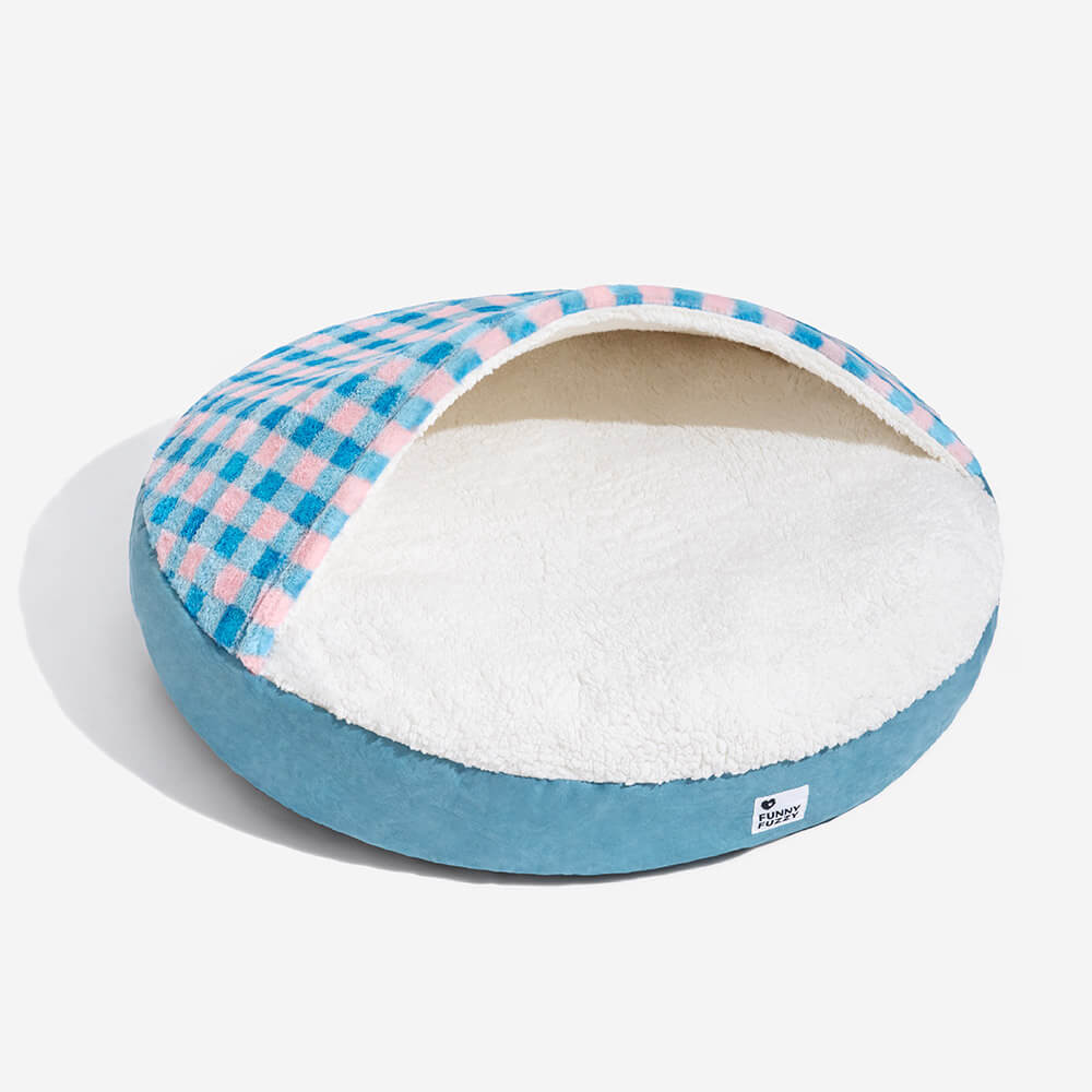 "Baldachin Hundebett mit ultraweichem Plüsch, blau-rosa kariert, luxuriös und sicher für Haustiere"