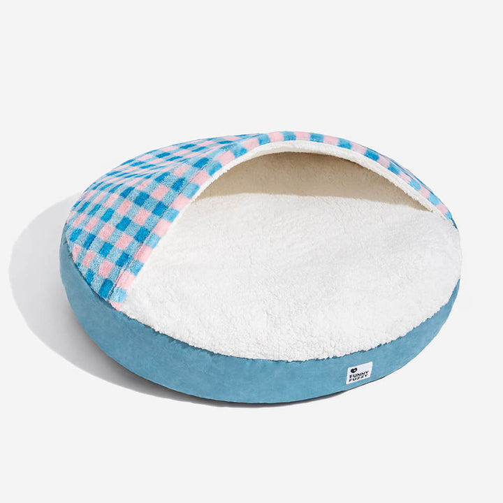 "Baldachin Hundebett mit ultraweichem Plüsch, blau-rosa kariert, luxuriös und sicher für Haustiere"