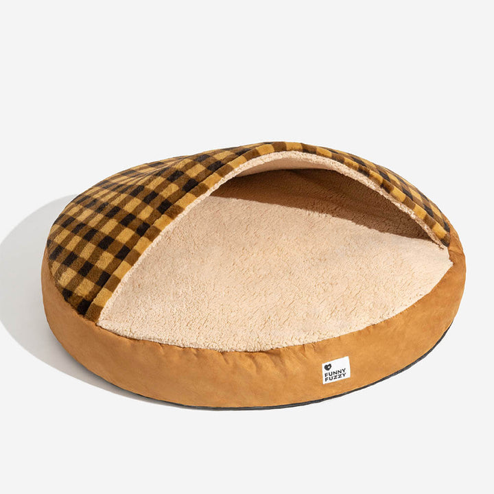"Baldachin Hundebett mit ultraweichem Plüsch, blau-rosa kariert, luxuriös und sicher für Haustiere"