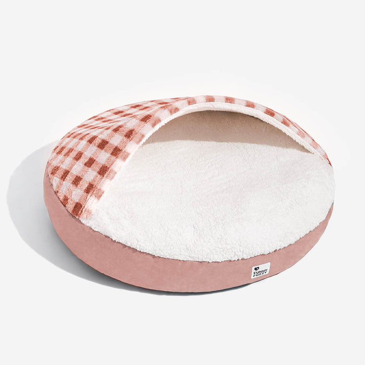 "Baldachin Hundebett mit ultraweichem Plüsch, blau-rosa kariert, luxuriös und sicher für Haustiere"